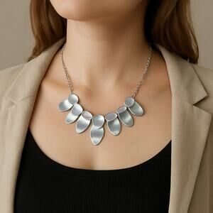 Silver Statement Necklace Teardrop Layered Design Adjustable Chain